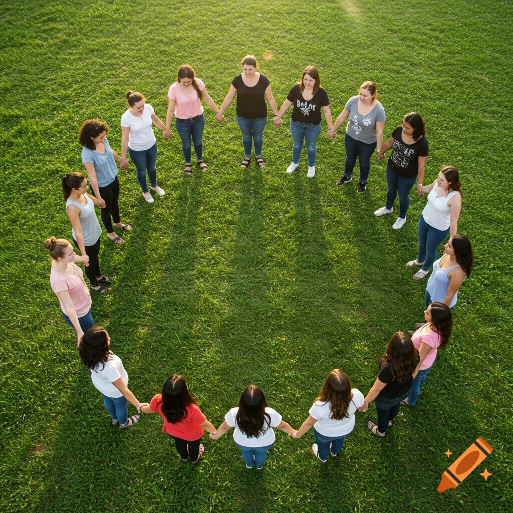 Aerial view of a circle of women holding hands in a grassy field