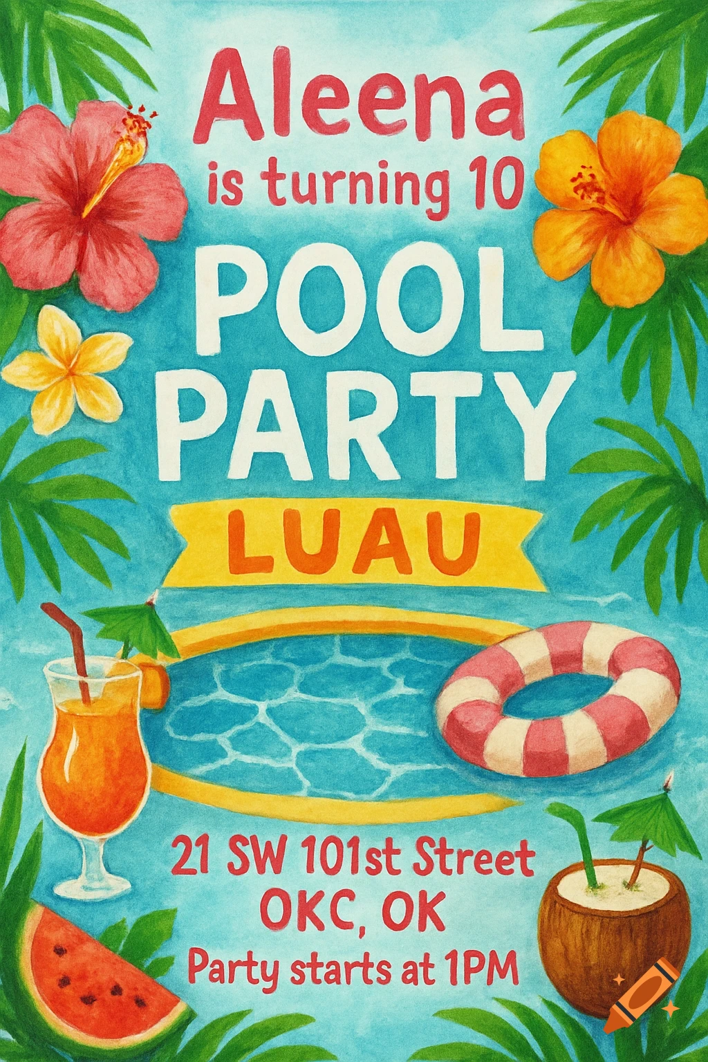 Pool party luau birthday invitation with watercolor illustration style showing a pool, drinks, flowers, and text.