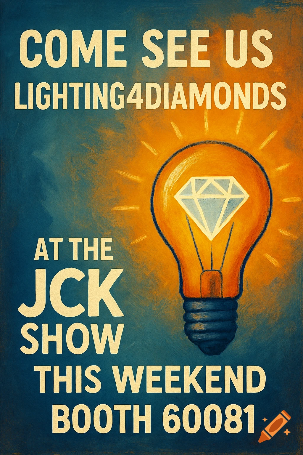 Painterly promotional poster for Lighting4Diamonds at JCK Show featuring a lightbulb with a diamond inside.