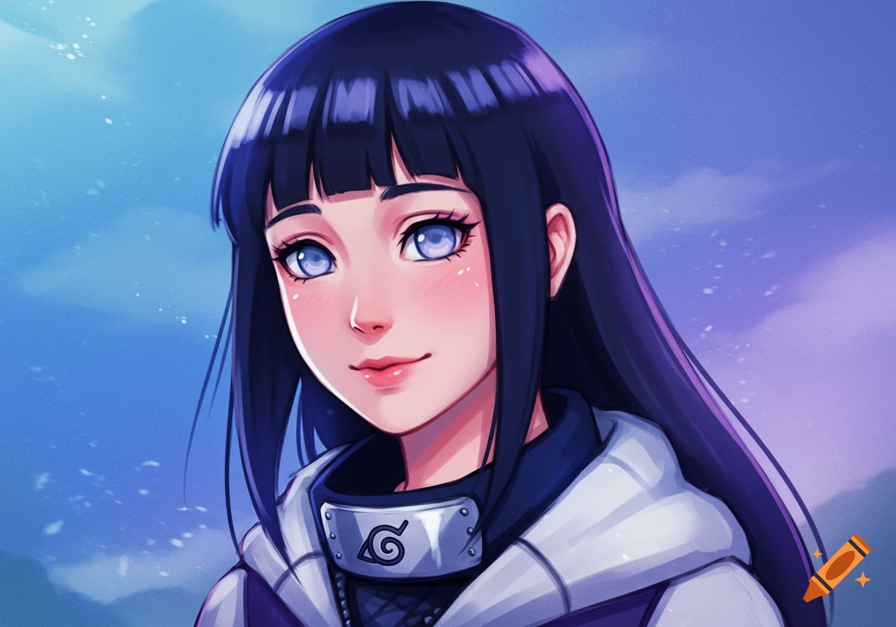 Close-up anime illustration of Hinata Hyuga from Naruto smiling.