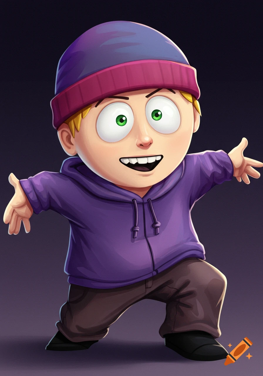 Cartoon boy resembling Tweak from South Park with wide eyes, wearing a purple hoodie and beanie, digital art style.