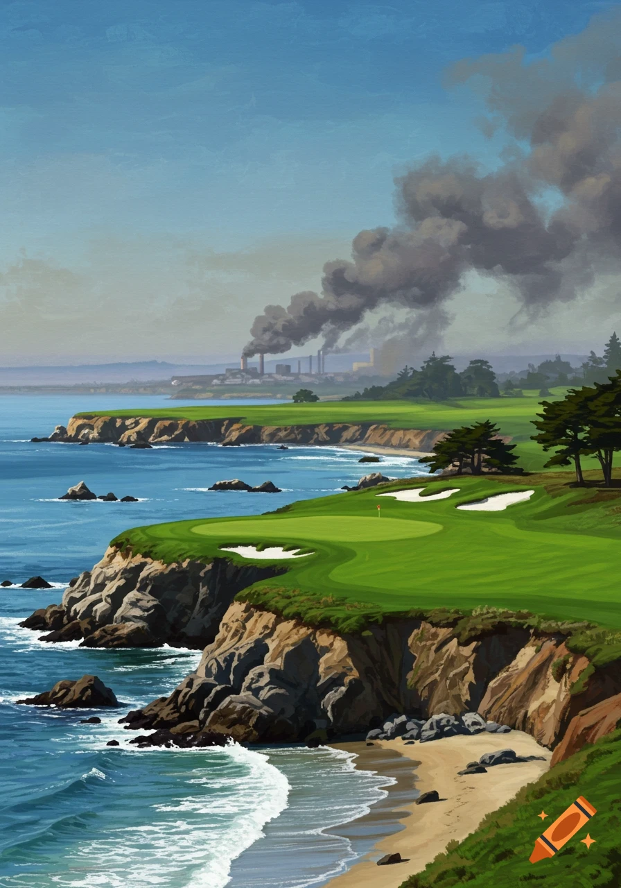 Painting of a coastal golf course next to a factory emitting smoke.