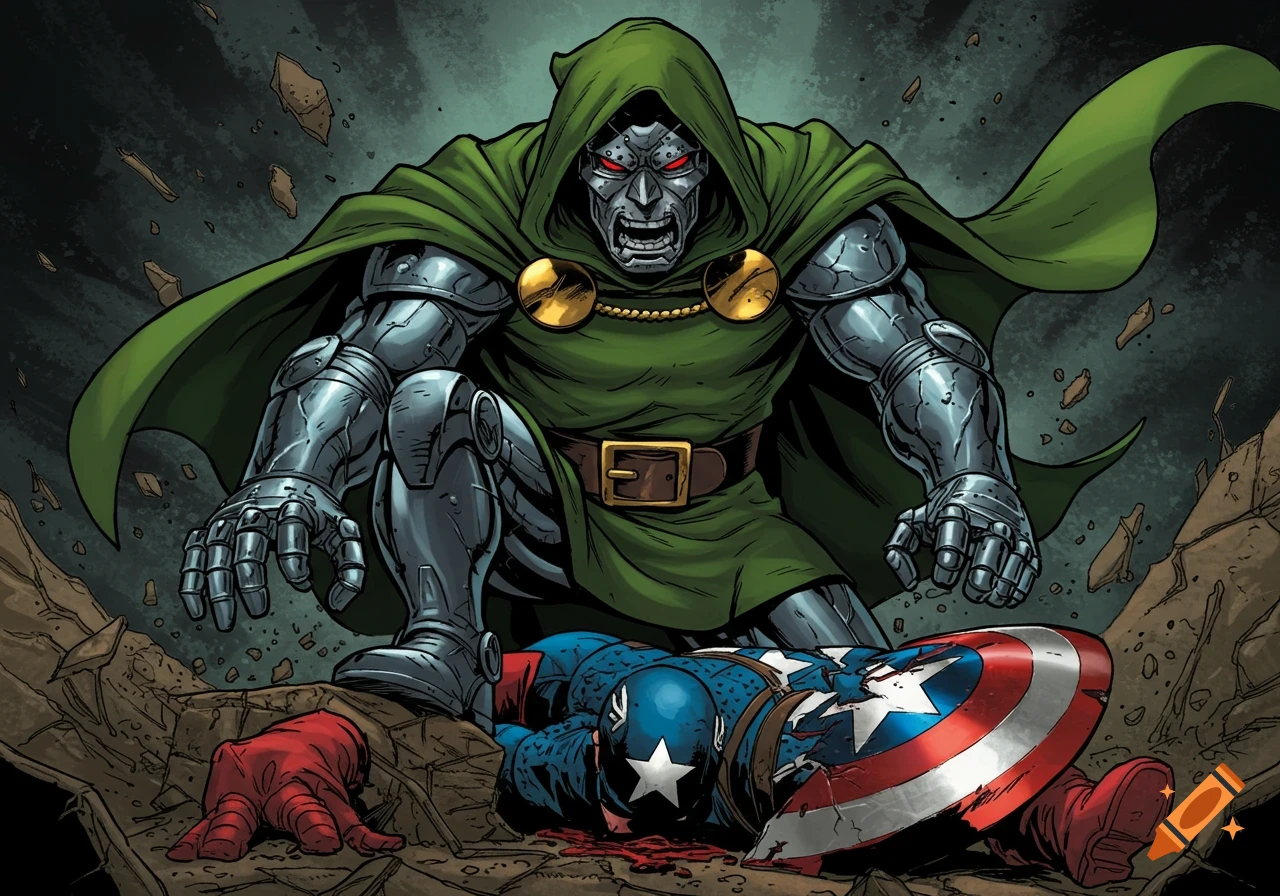 Doctor Doom stands over a defeated Captain America in comic book style.