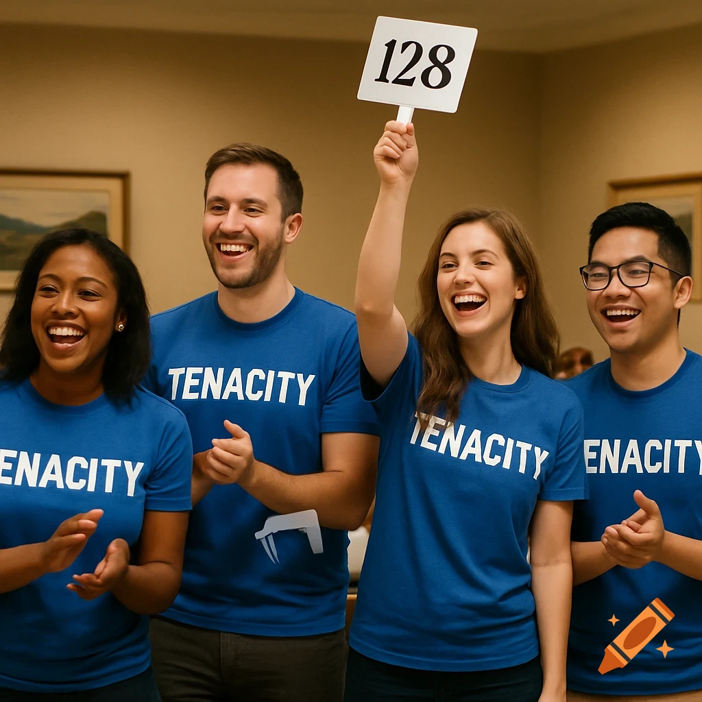 Happy people in blue TENACITY t-shirts at an auction, one holding up a paddle with 128