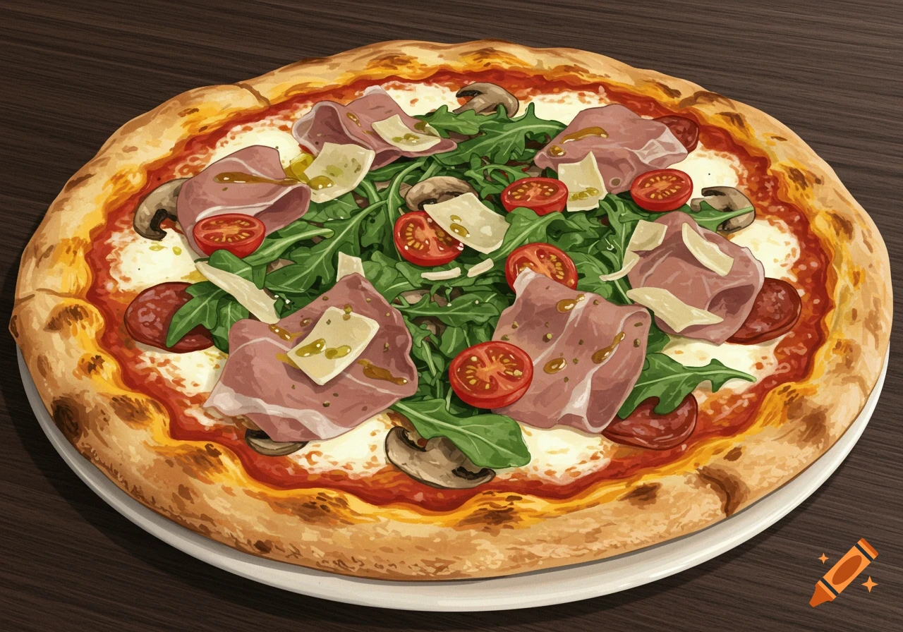 Cartoon pizza with prosciutto, pepperoni, arugula, cherry tomatoes, mushrooms, and Parmesan.