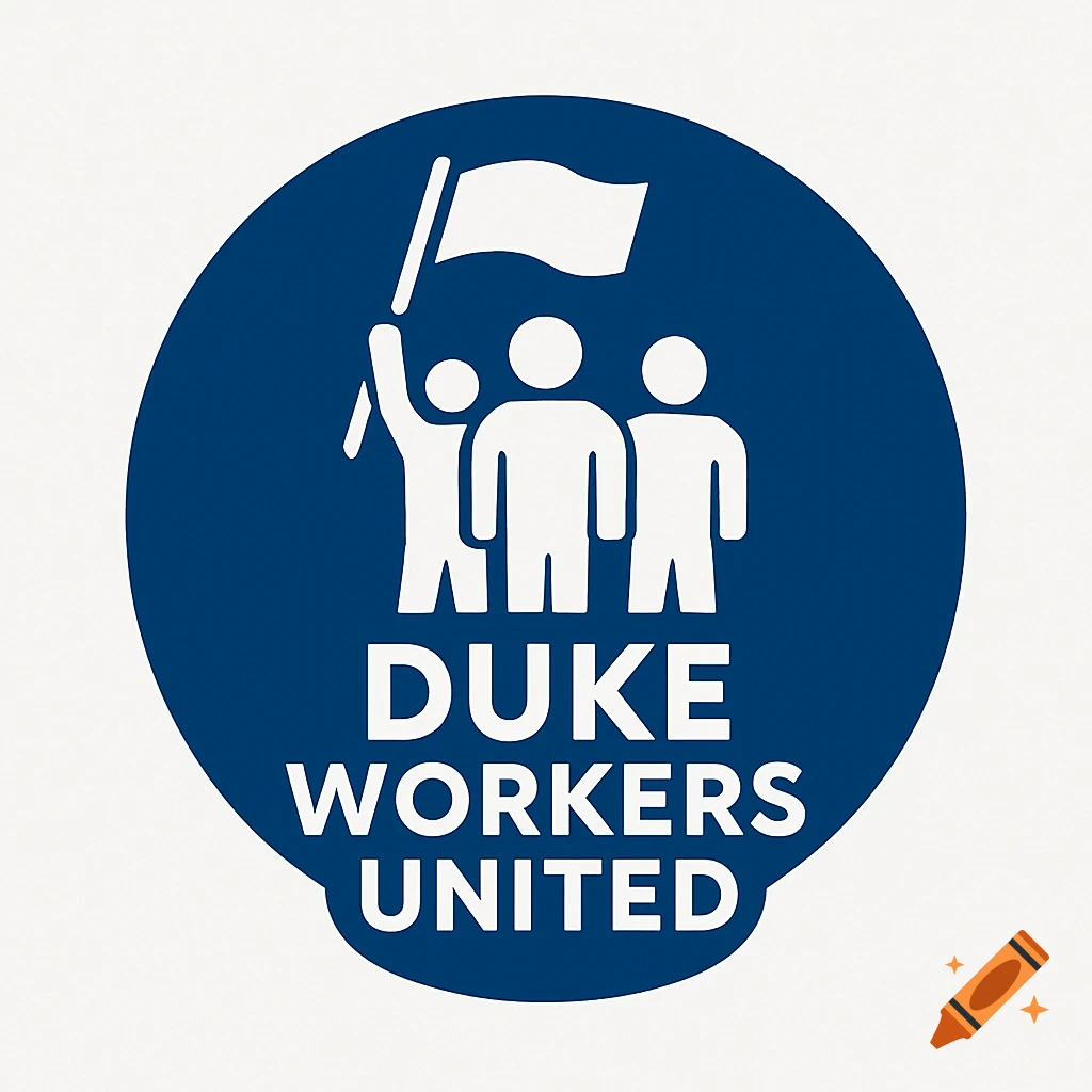 Blue circular logo with white silhouettes of people holding a flag above 'DUKE WORKERS UNITED' text.
