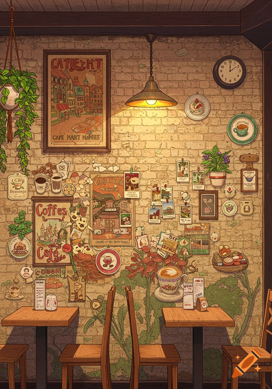 An illustration of a cafe wall covered in posters, pictures, and decor, with small tables and chairs in front.