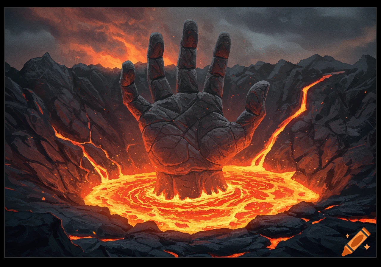 Giant stone hand emerging from a pool of swirling lava in a rocky volcanic landscape under a dark sky.