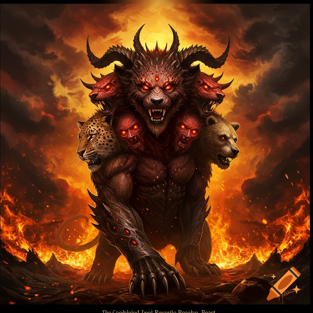 A multi-headed beast resembling a lion, leopard, and bear stands in a fiery, hellish landscape.