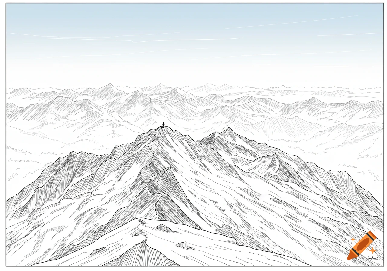 A line drawing illustration of a figure standing on a mountain peak overlooking a vast range of mountains.