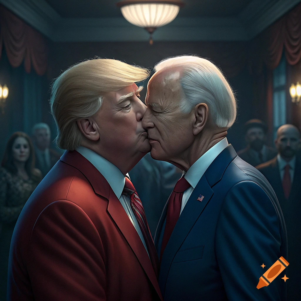 Photorealistic depiction of Donald Trump and Joe Biden kissing in a ...
