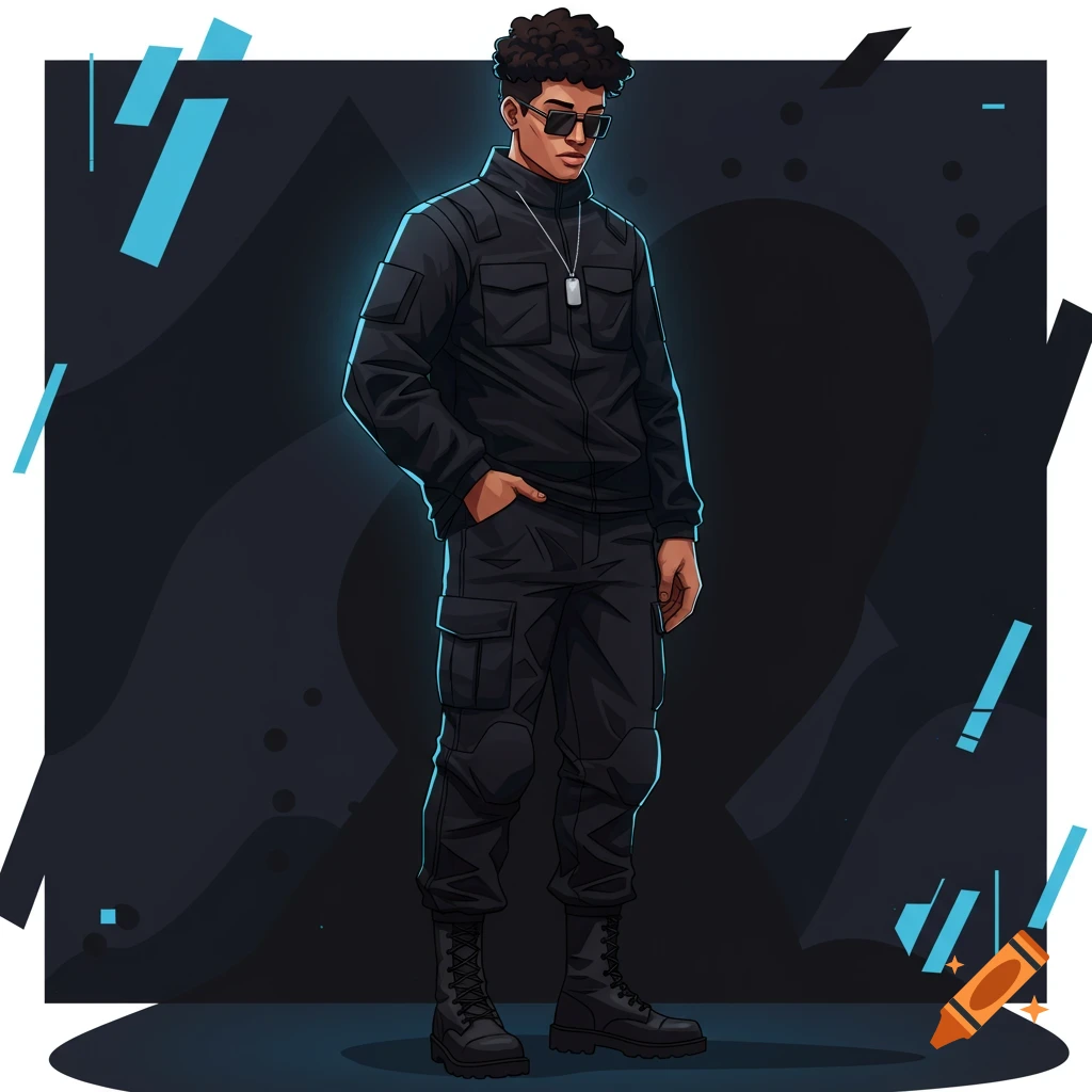 Stylized digital illustration of a man in black tactical gear, sunglasses, and dog tag against a dark abstract background.