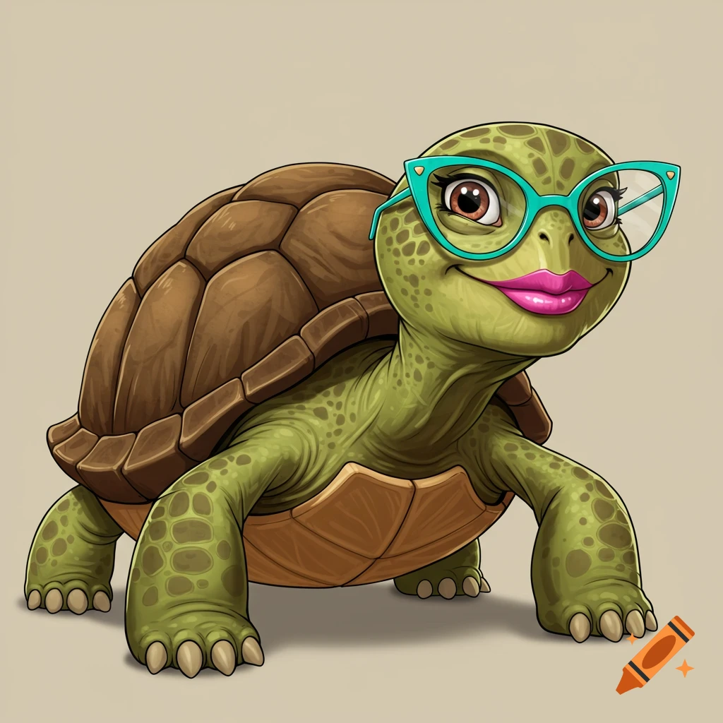 A cartoon turtle wearing turquoise cat-eye glasses and pink lipstick.