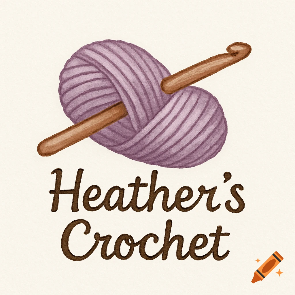 Watercolor logo with purple yarn, crochet hooks, and text 'Heather's Crochet'