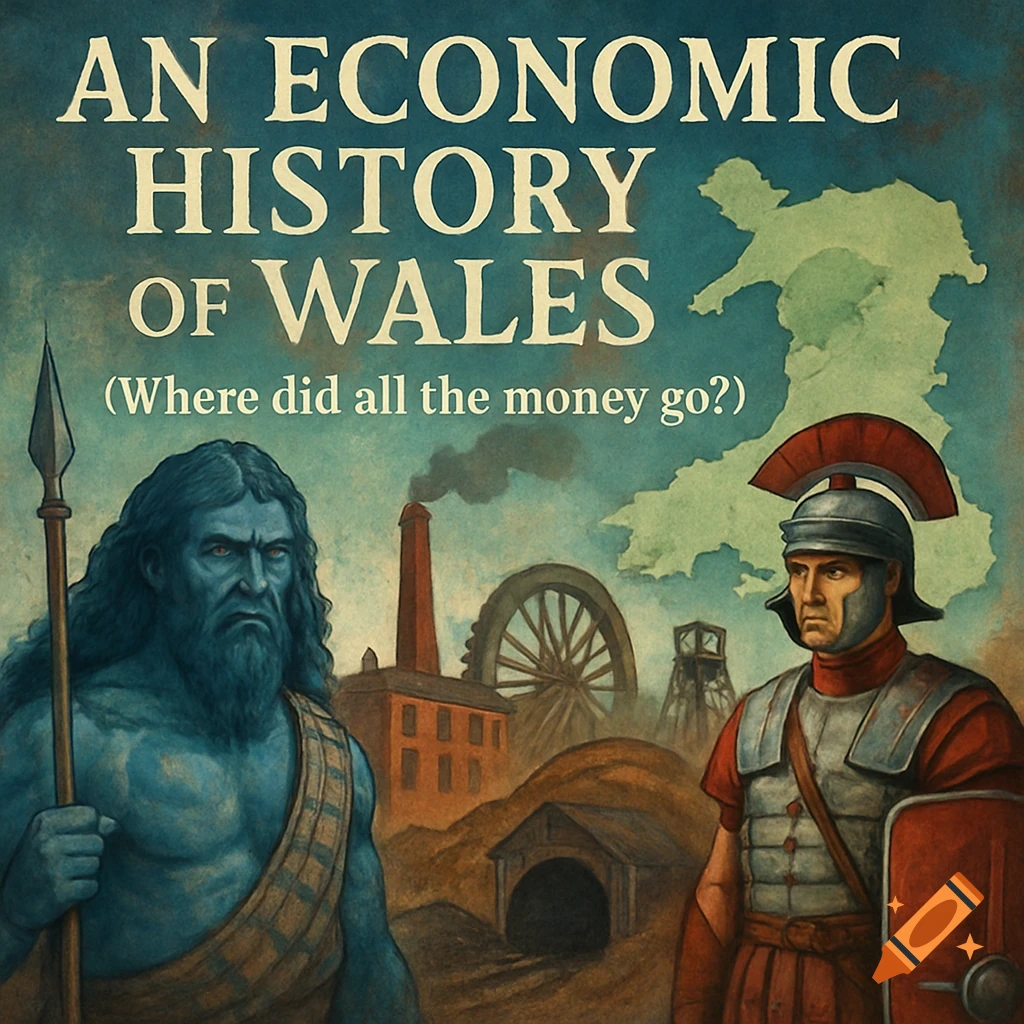 Illustration of a Celtic warrior and Roman soldier before industrial scene and map of Wales, with text title.