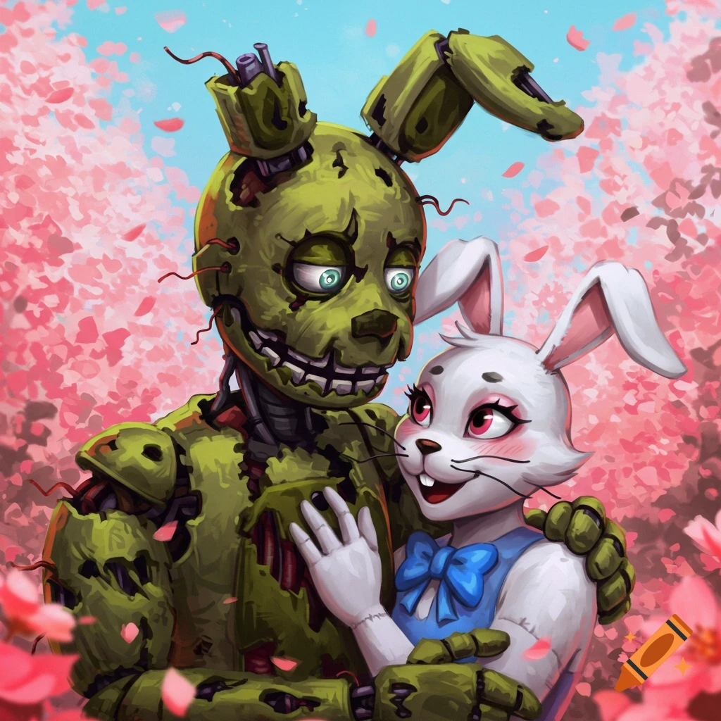 Springtrap and Vanny from Five Nights at Freddy's stand together under pink cherry blossoms in a stylized art style.