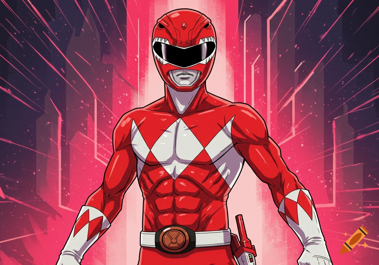Illustration of the Red Power Ranger standing in a futuristic city background.