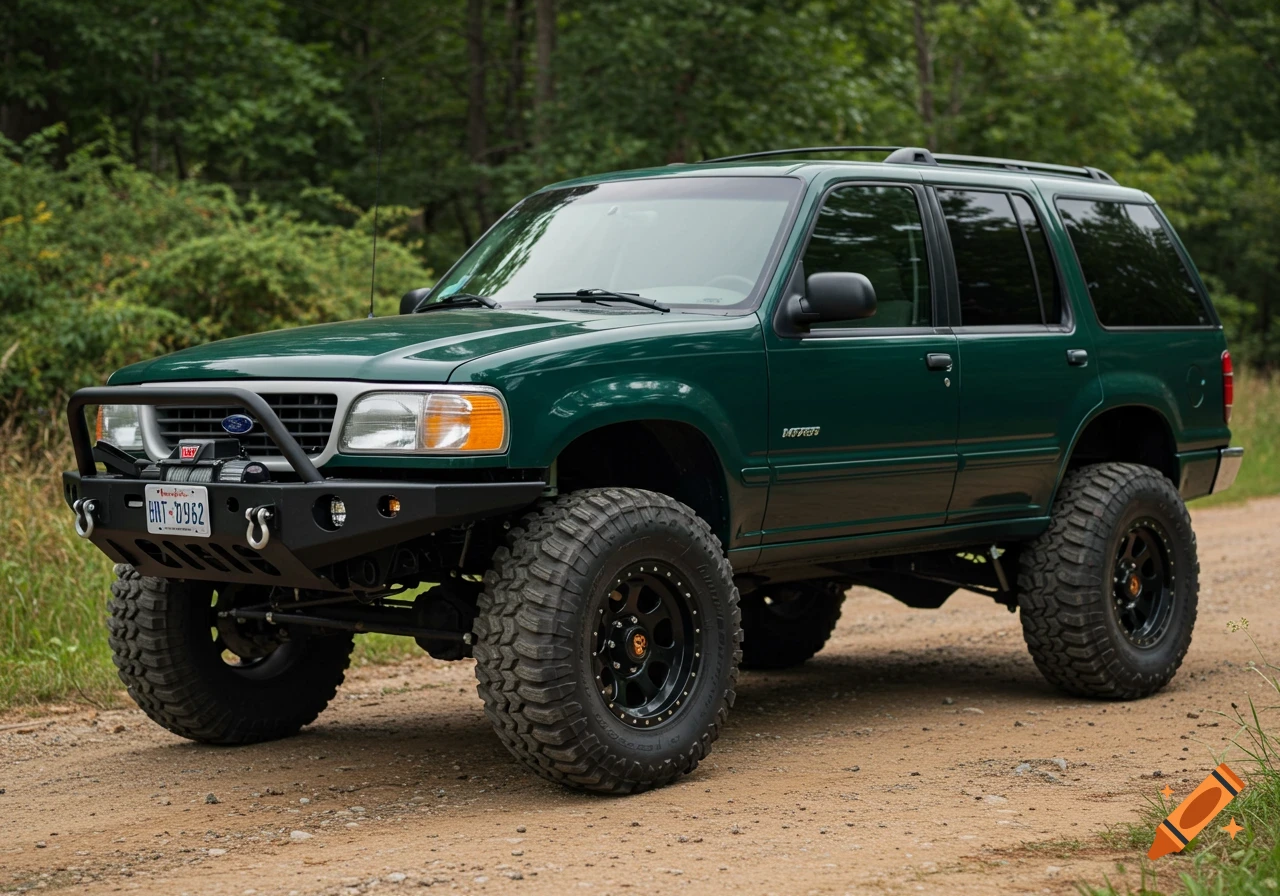 Lifted green Ford Explorer 4x4 on a dirt road in a forest. Has large off-road tires, metal bumper, and winch.