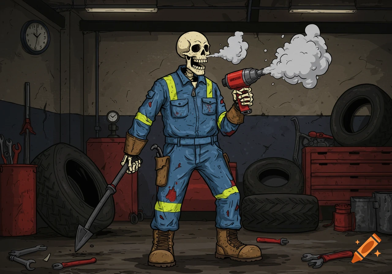 Cartoon skeleton mechanic in a garage with tools, holding a tire iron and impact wrench, comic book style.