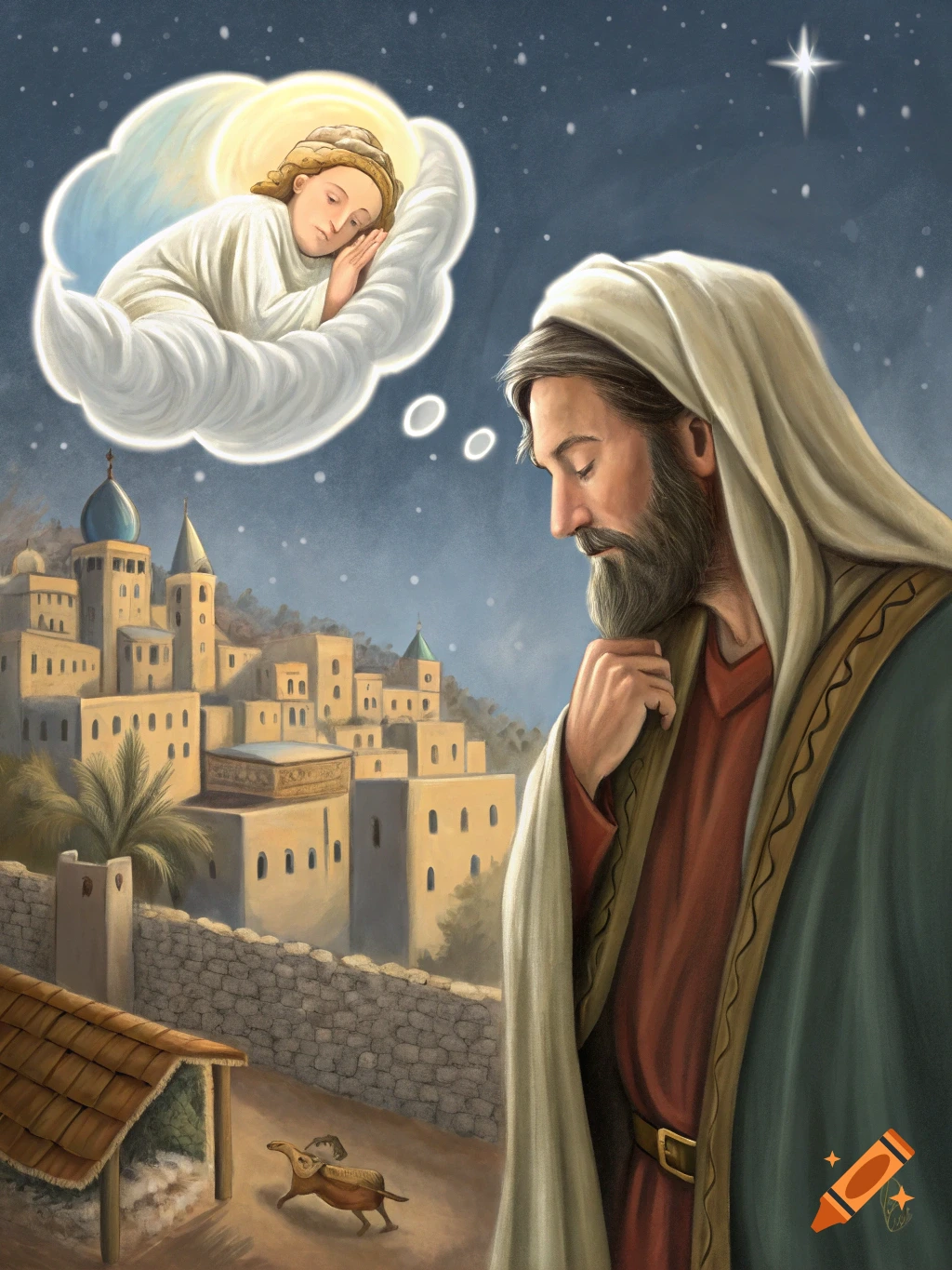Painting of Joseph looking down, thinking of baby Jesus sleeping on a cloud above Bethlehem under a starry night sky.