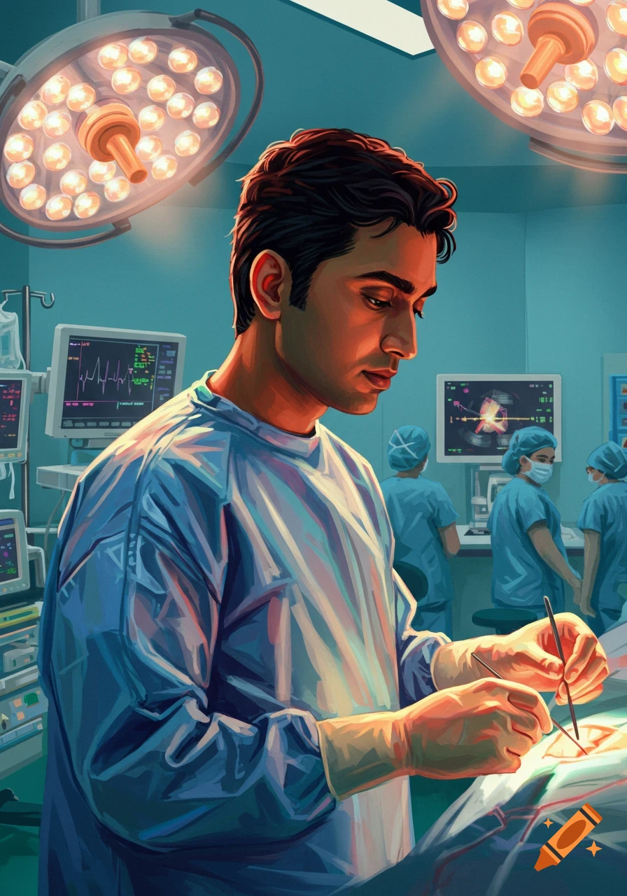 A doctor performs surgery in an operating room under surgical lights. Painterly style.