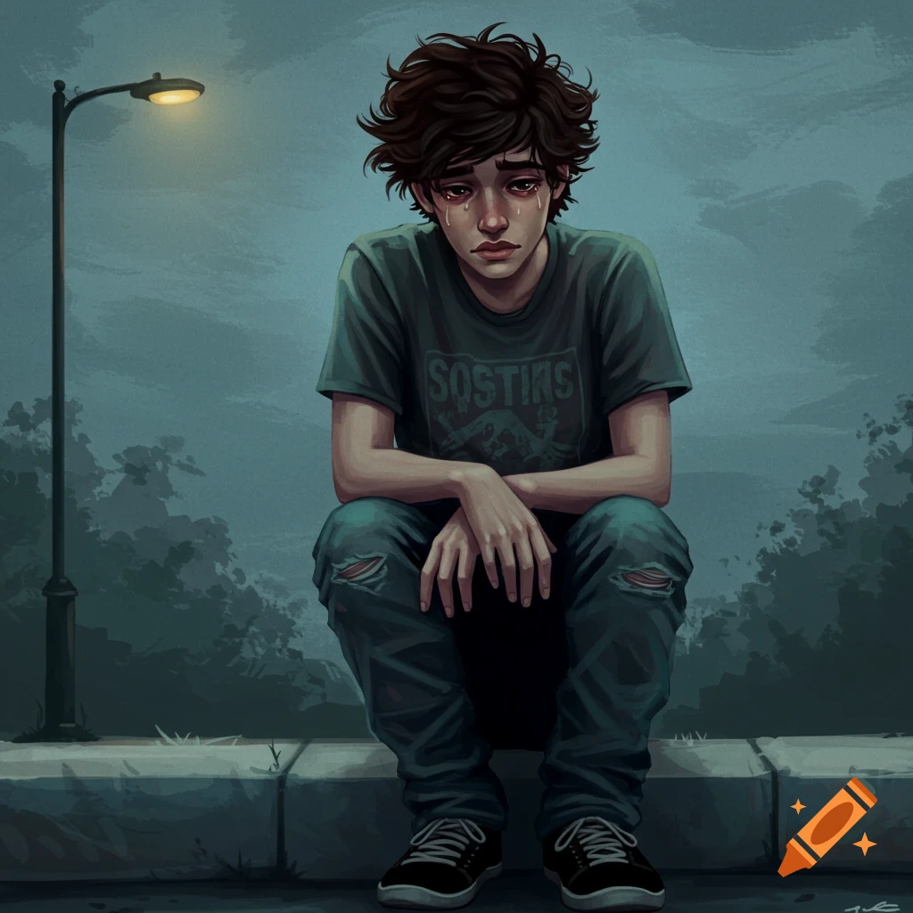 Stylized illustration of a sad boy with messy hair sitting and crying under a streetlamp at night.
