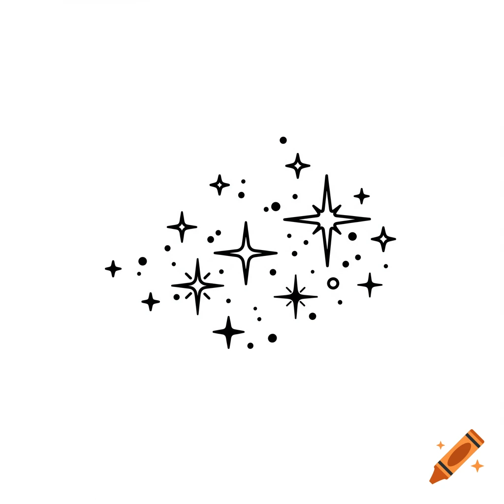 A black and white line drawing of a cluster of stars and dots.