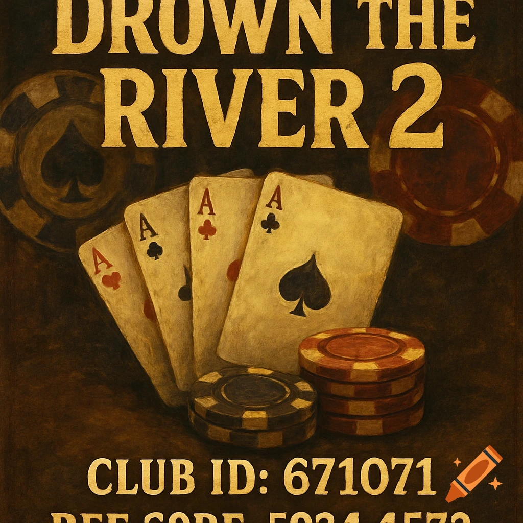 Poker poster with playing cards, chips, and text for 'DROWN THE RIVER 2' club ID and reff code.