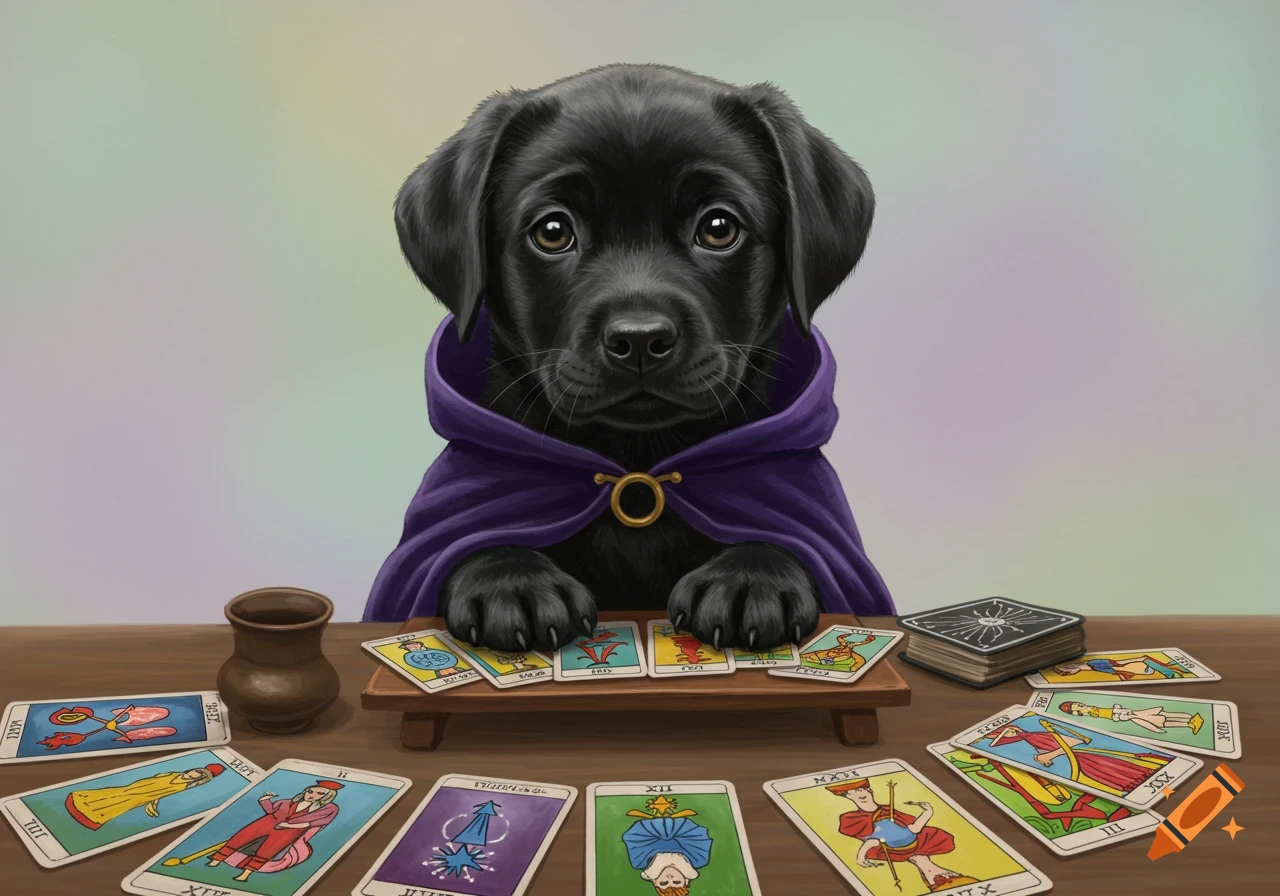 Black Labrador puppy wearing a purple cape sits at a table with tarot cards.