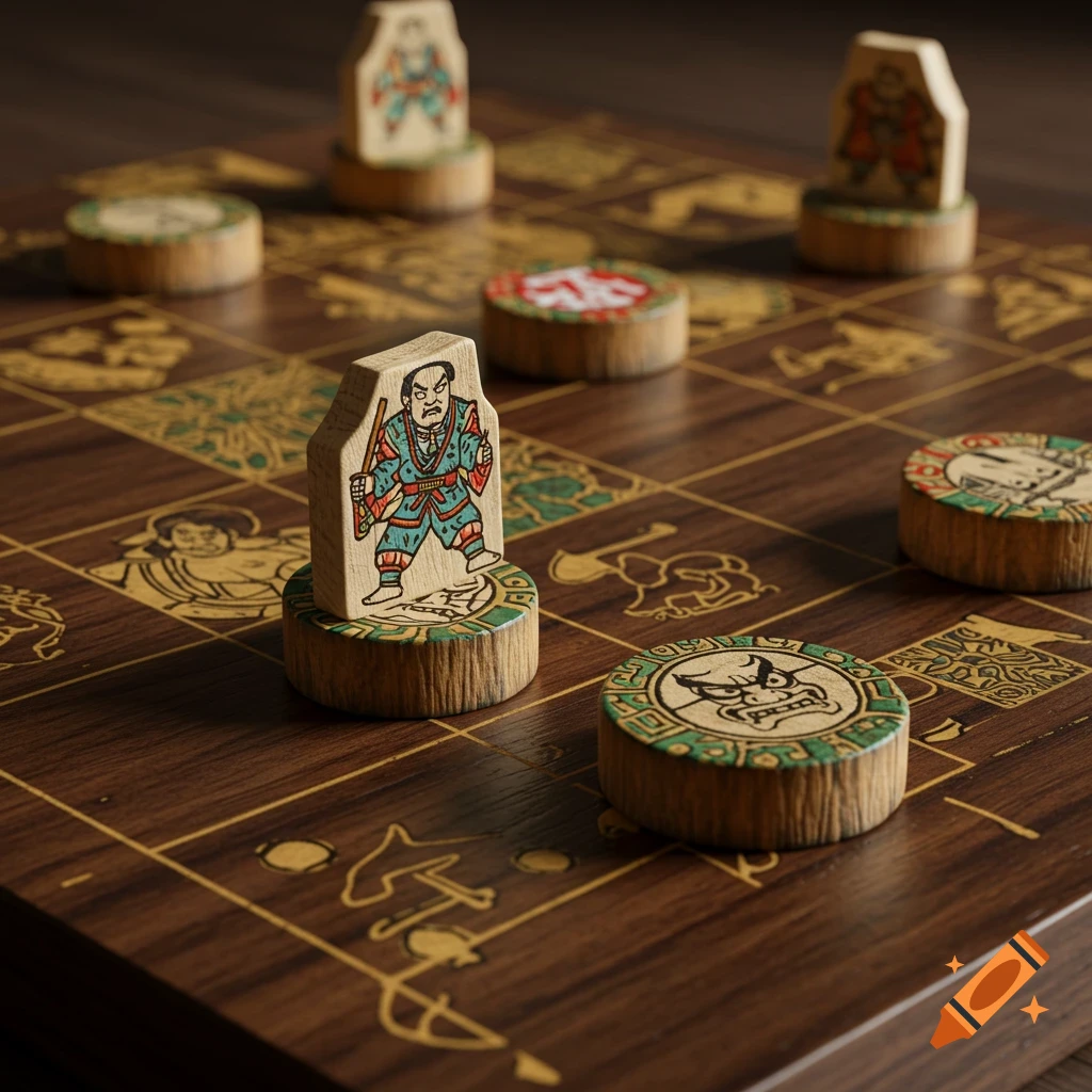 Closeup of a Japanese board game with wooden pieces featuring characters in a woodblock print style.