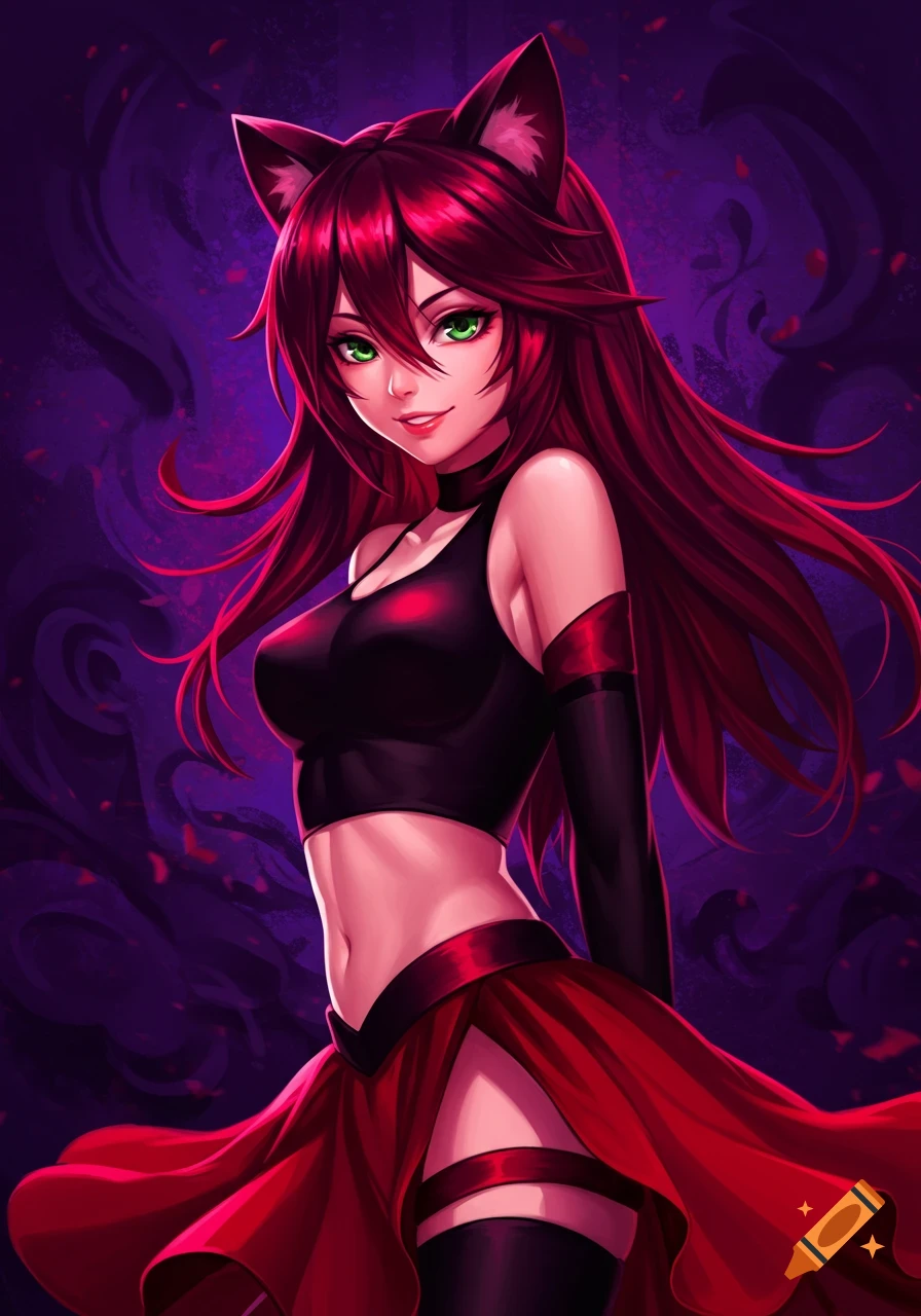 Anime illustration of a red-haired woman with cat ears in black and red clothing against a purple background.