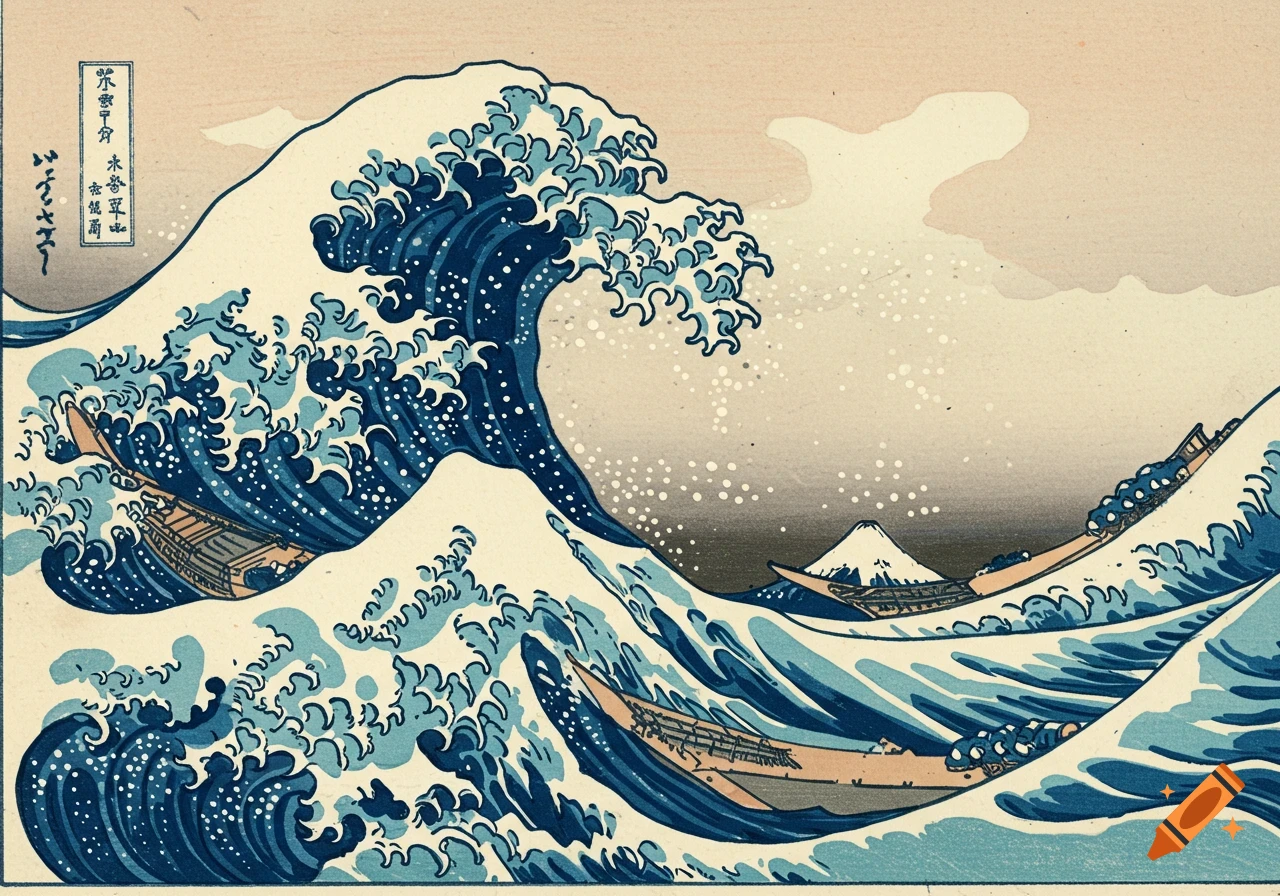 A large blue wave crashes over boats, with a mountain in the distance, in the style of a Japanese woodblock print.