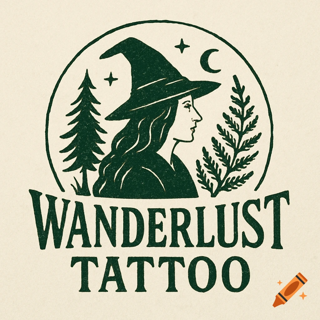 Graphic logo of a witch in a hat with trees and stars, above the text Wanderlust Tattoo.