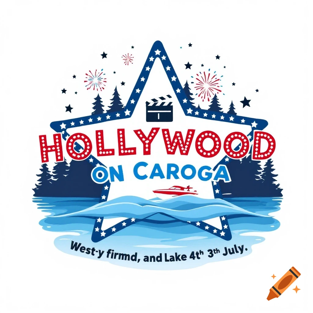 Logo for Hollywood on Caroga event with star outline, lake, trees, fireworks, clapperboard, boat, and text.