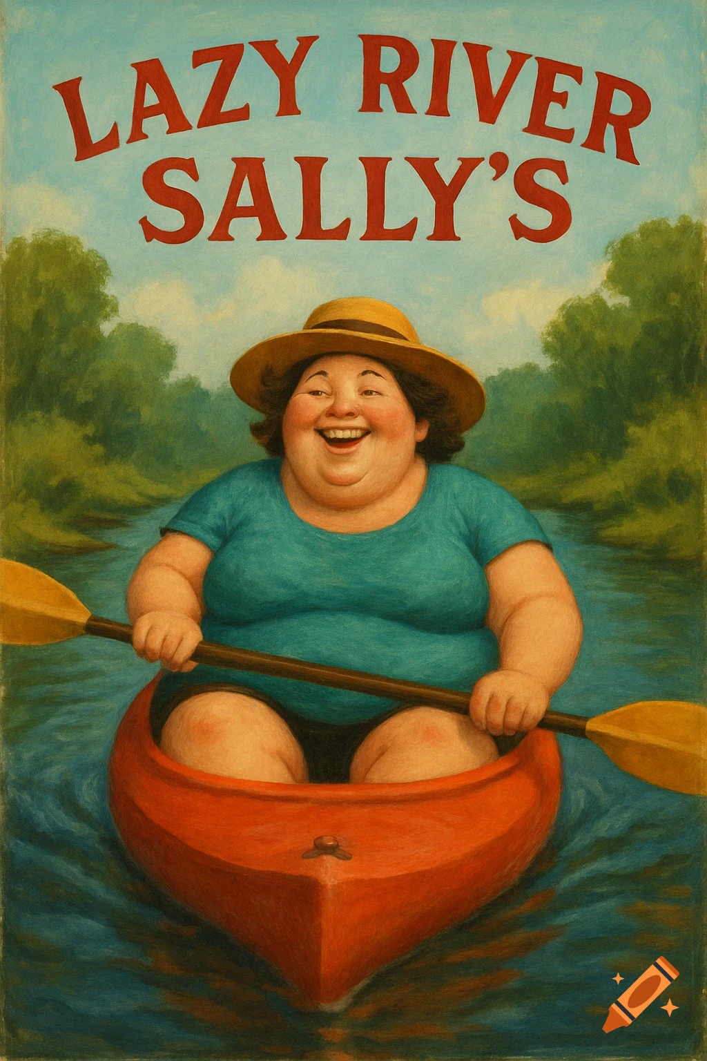 Illustration of a smiling woman in a hat paddling a red kayak on a river, with 'LAZY RIVER SALLY'S' text above.
