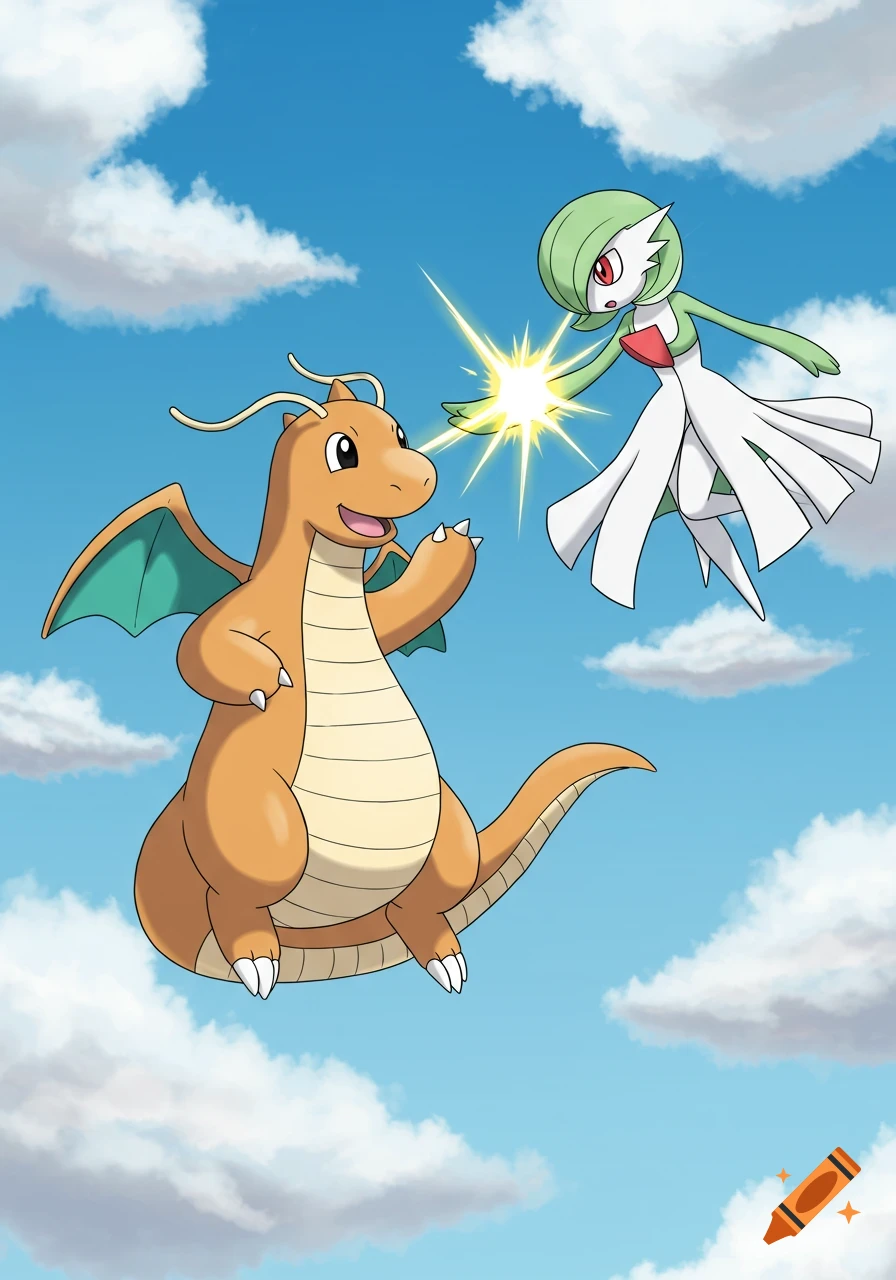 Dragonite and Gardevoir flying and interacting in the sky, clip art style