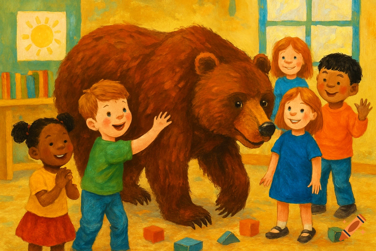 Children and a large brown bear in a sunny classroom, painterly style