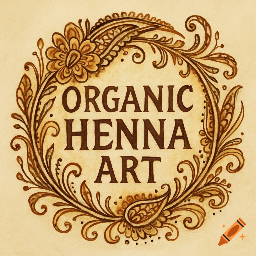 Organic henna art logo with decorative floral border surrounding text.
