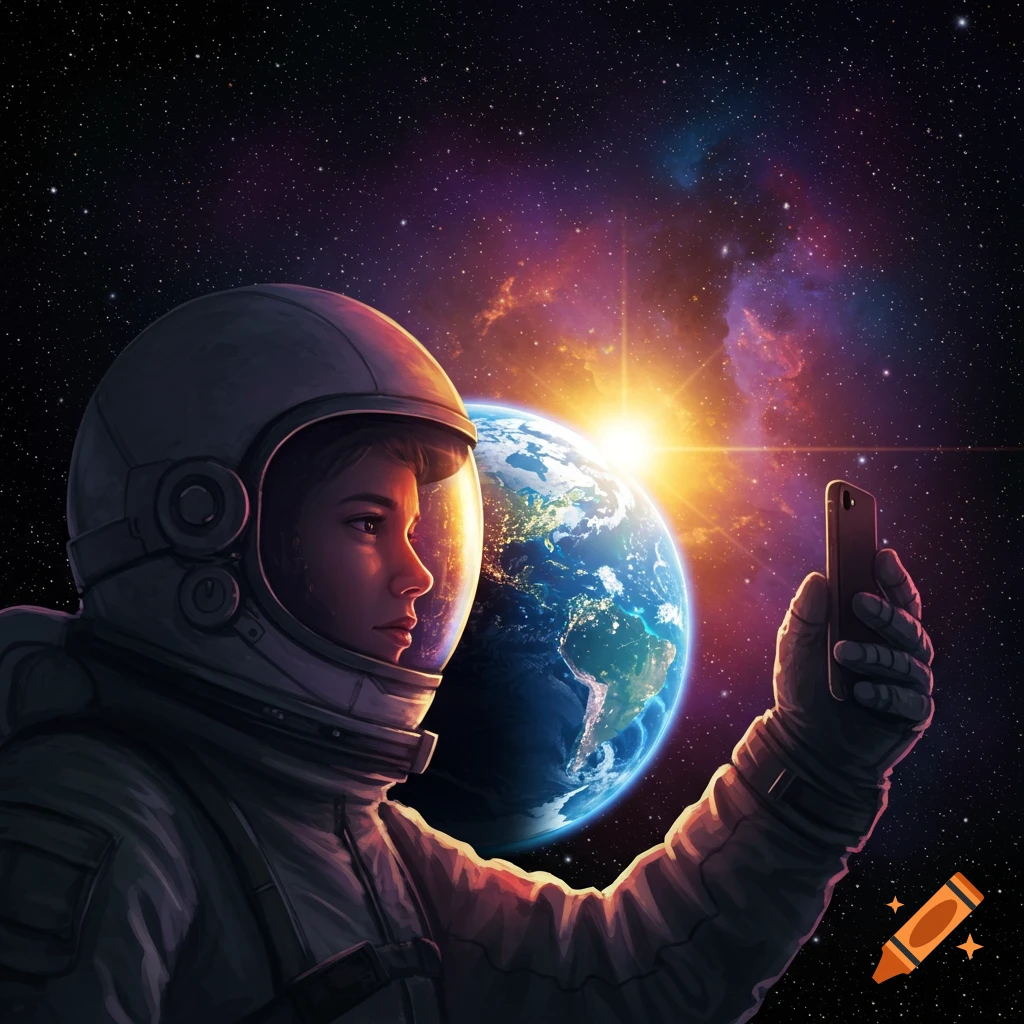 An astronaut in a helmet takes a selfie in space with Earth behind, sunrise light reflecting.