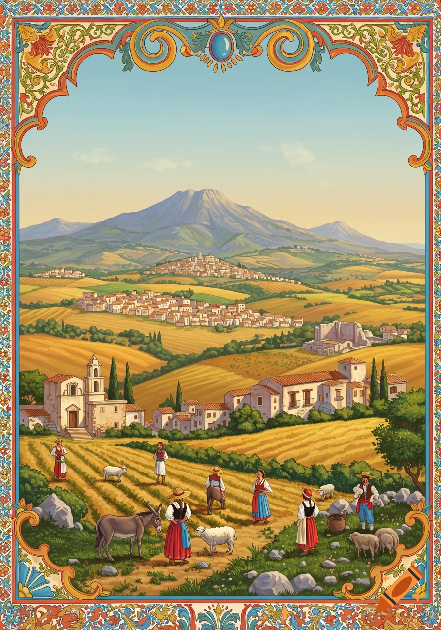 Pastoral landscape with figures, buildings, and a mountain, framed by an ornate border, in a heritage art style.