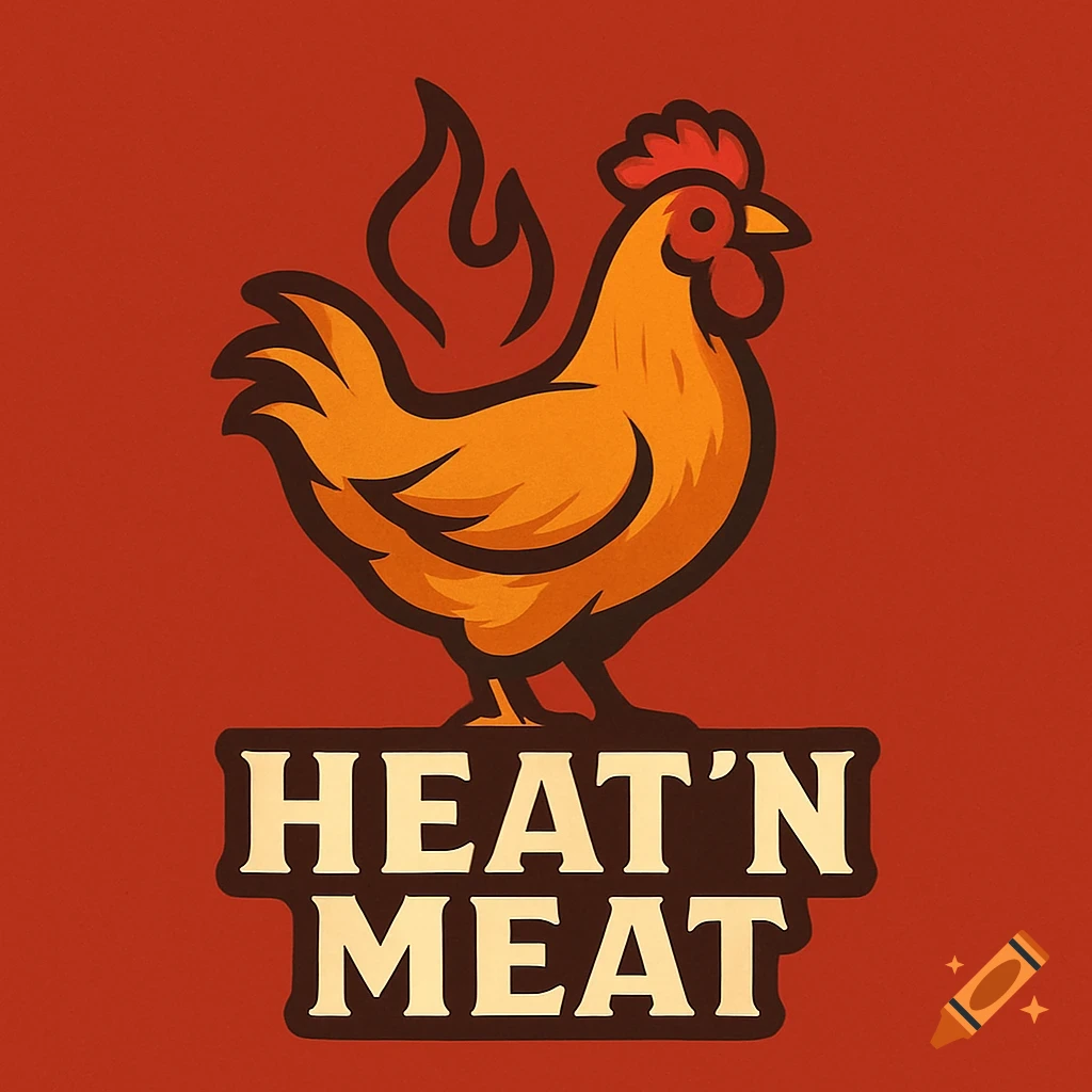 Logo for Heat'N Meat restaurant featuring a stylized chicken and flames.