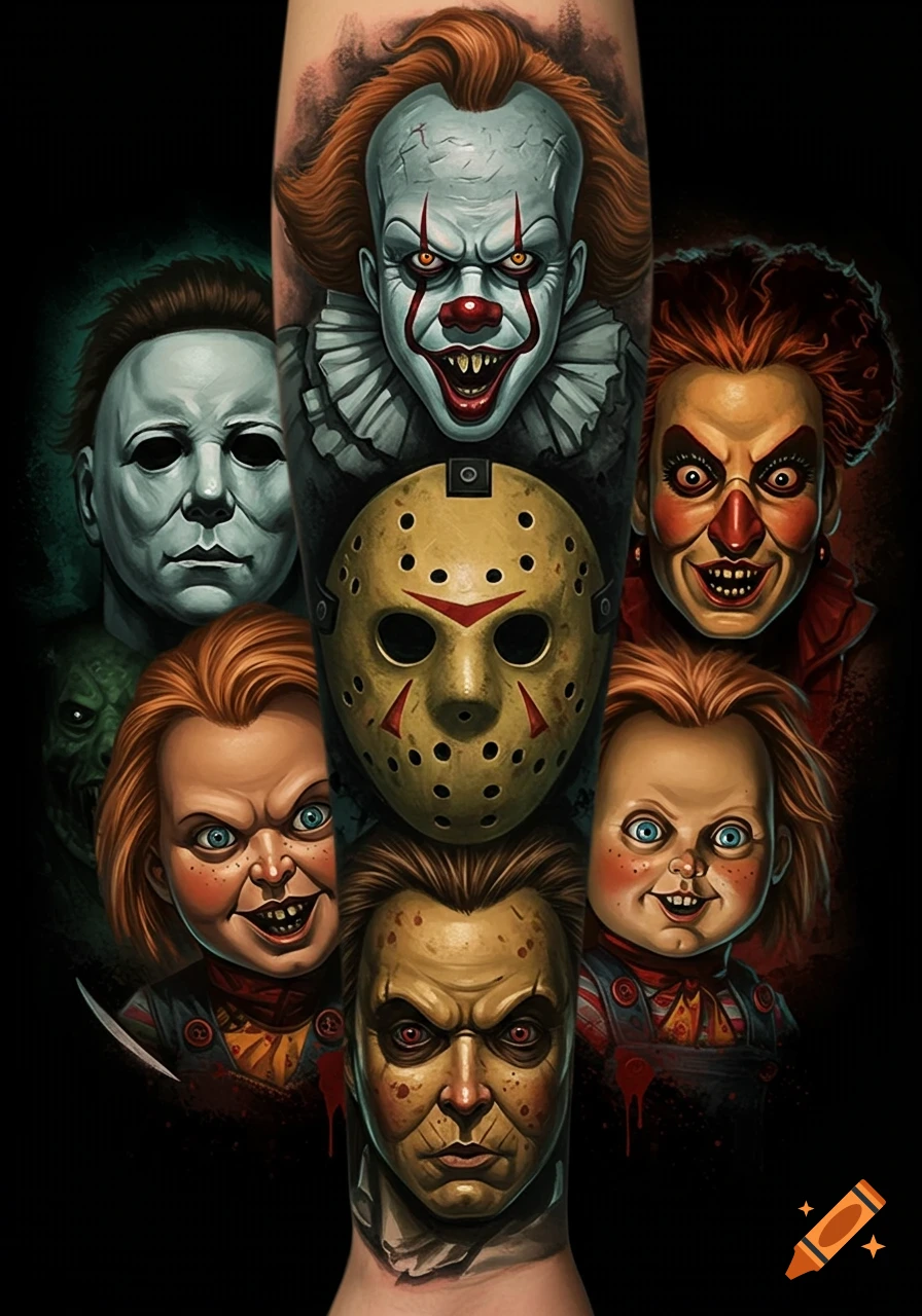 Tattoo sleeve design featuring multiple horror movie characters including Pennywise, Michael Myers, Jason Voorhees, and Chucky dolls.