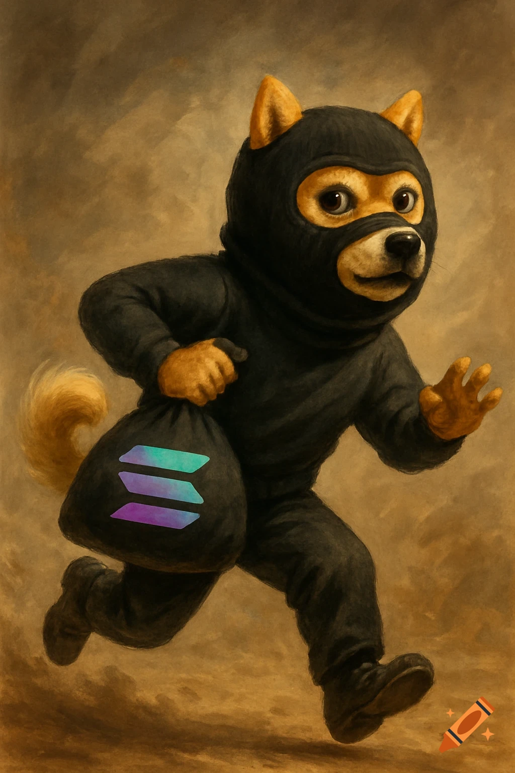 A Shiba Inu Doge character in a ski mask runs with a bag featuring the Solana cryptocurrency logo.