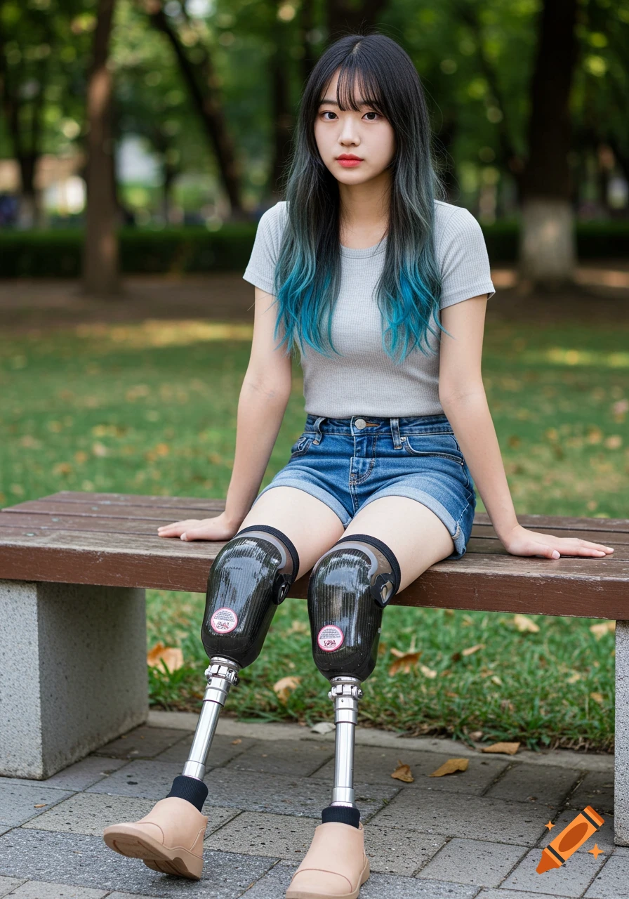 Photorealistic portrait of a young woman with blue hair streaks sitting on a park bench, wearing bilateral prosthetic legs.