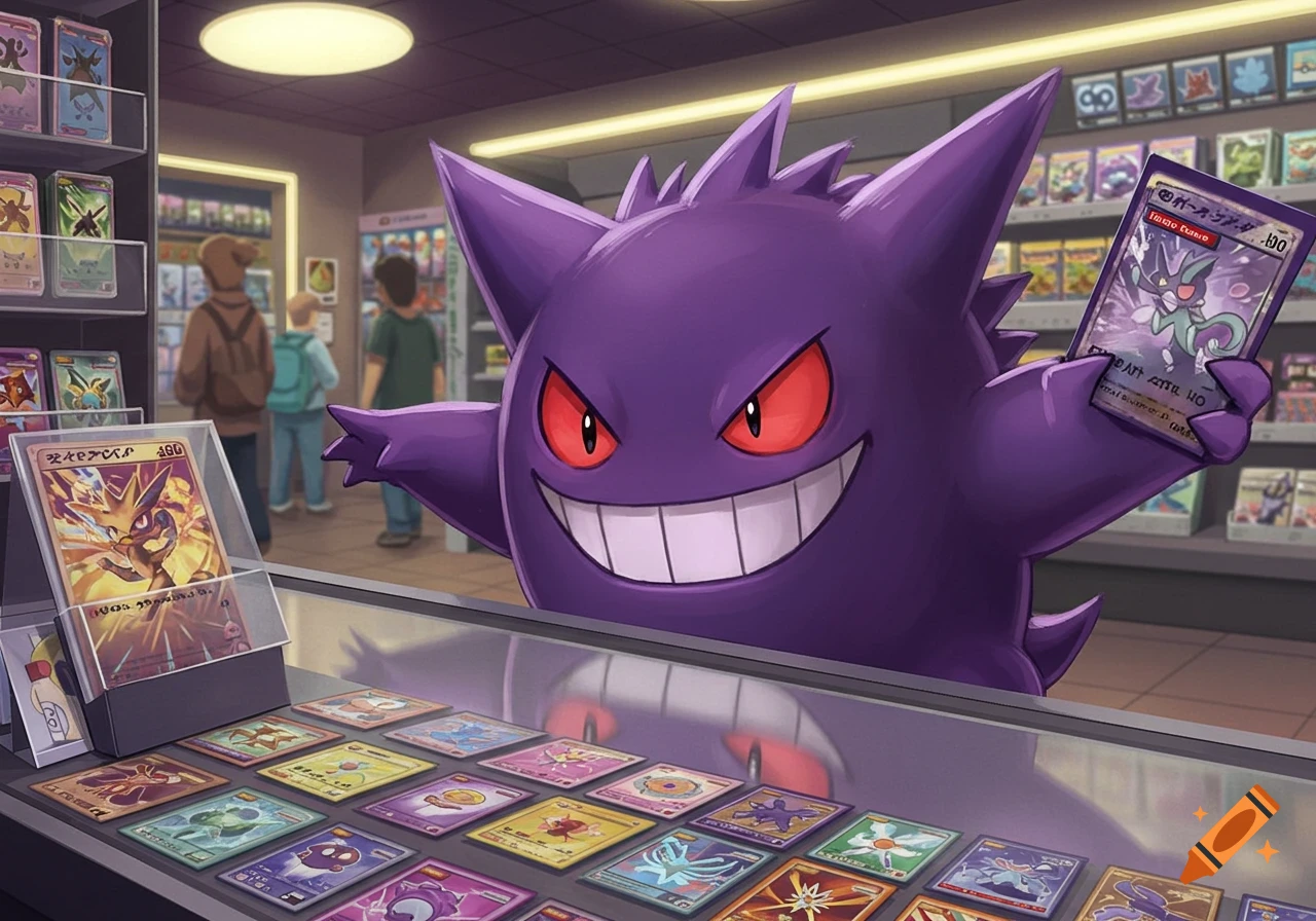 Gengar holds up a Pokemon card in a card shop with other cards displayed.