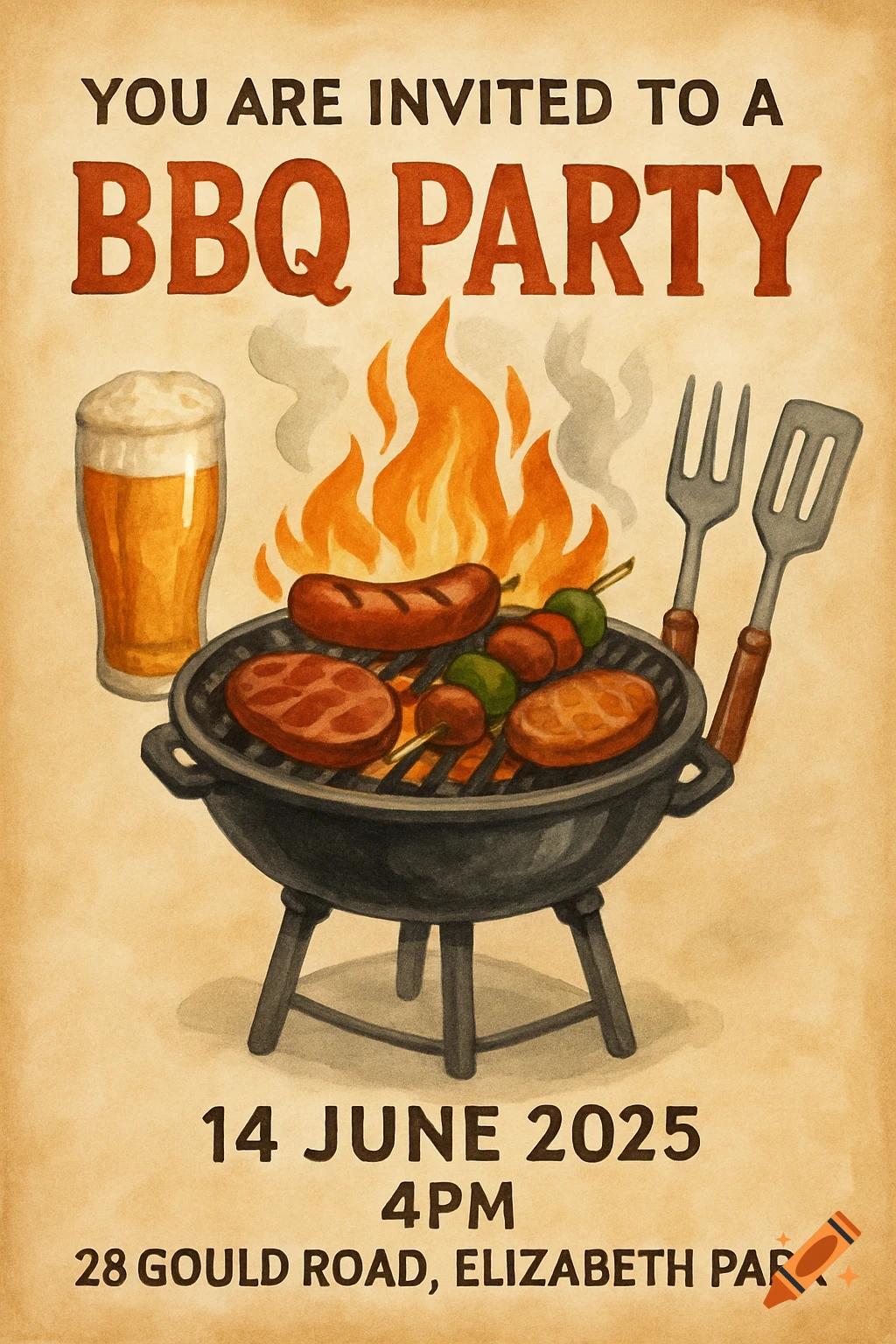 Watercolor style BBQ party invitation poster with grill, food, beer, and event details text.