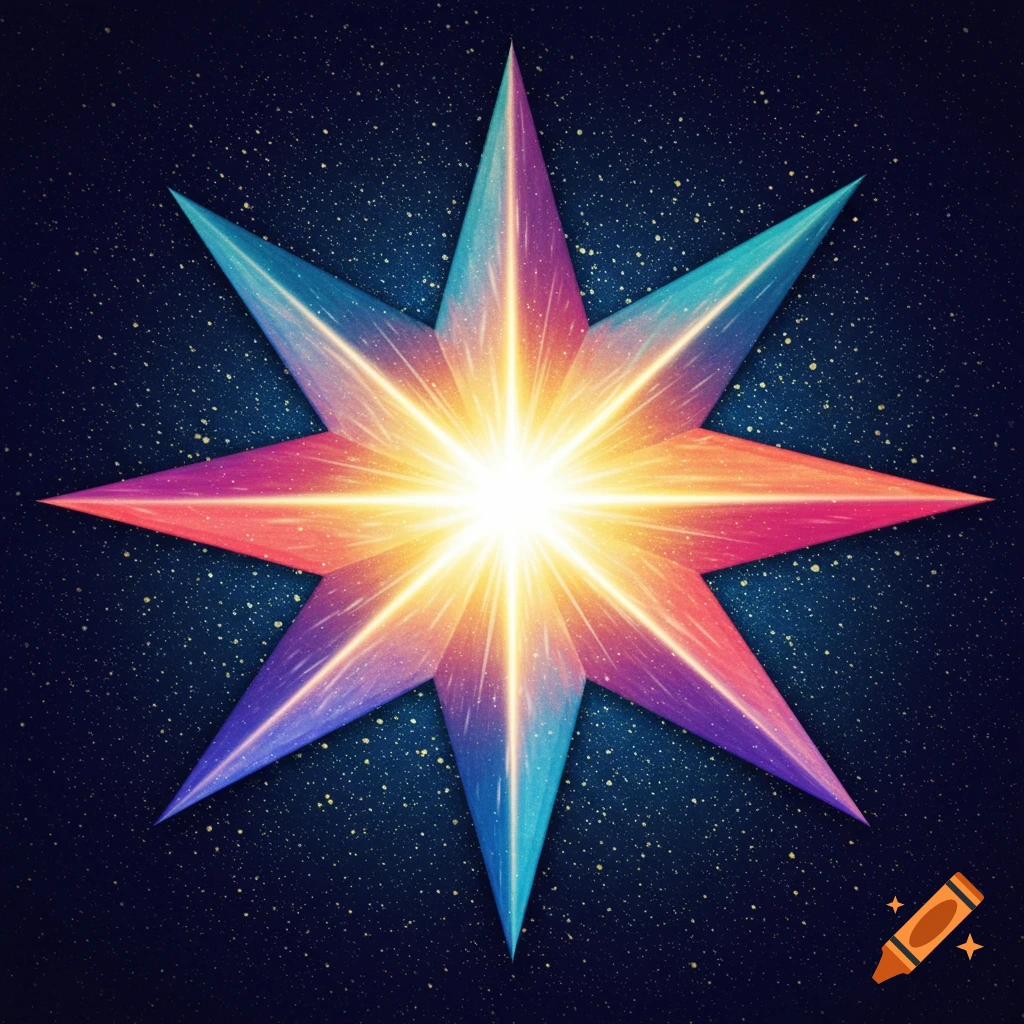 Colorful eight-pointed star radiating light in space.
