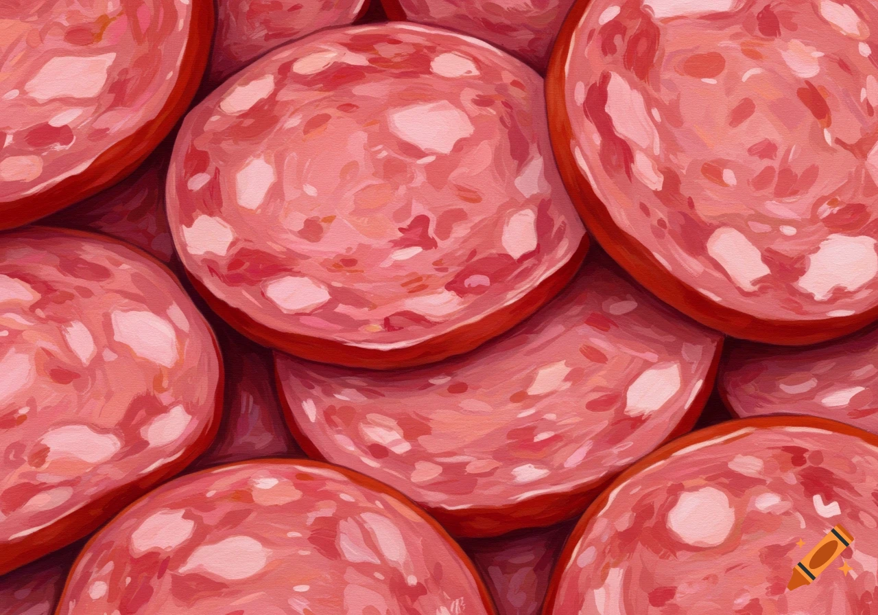 Close-up of sliced bologna with a painterly texture.