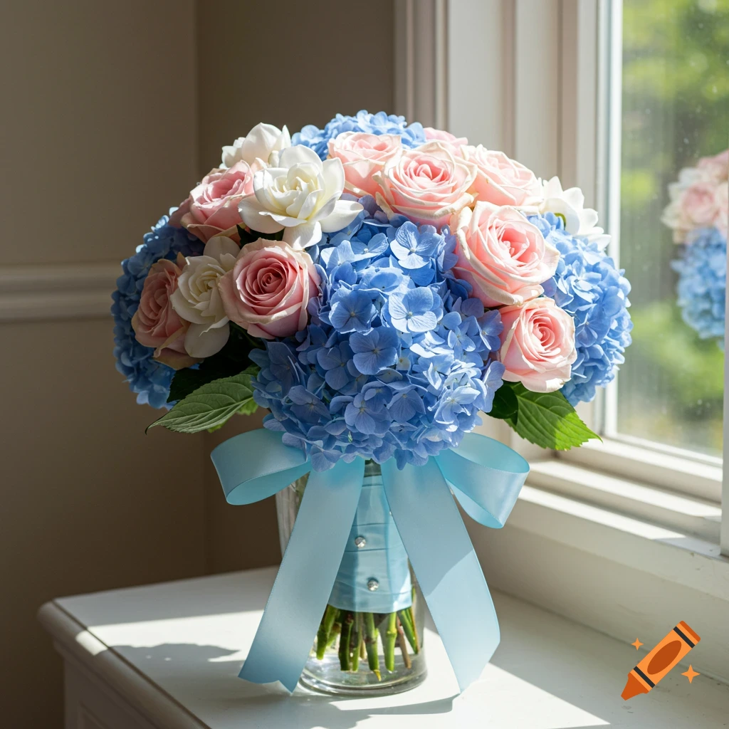 A bouquet of pink roses, white flowers, and blue hydrangeas in a glass vase with a blue ribbon, sitting by a window.