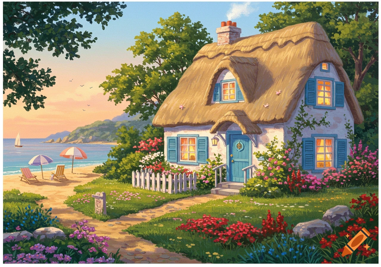 A charming thatched-roof cottage sits beside a sandy beach with beach chairs and umbrellas at sunset, rendered in a painterly style.